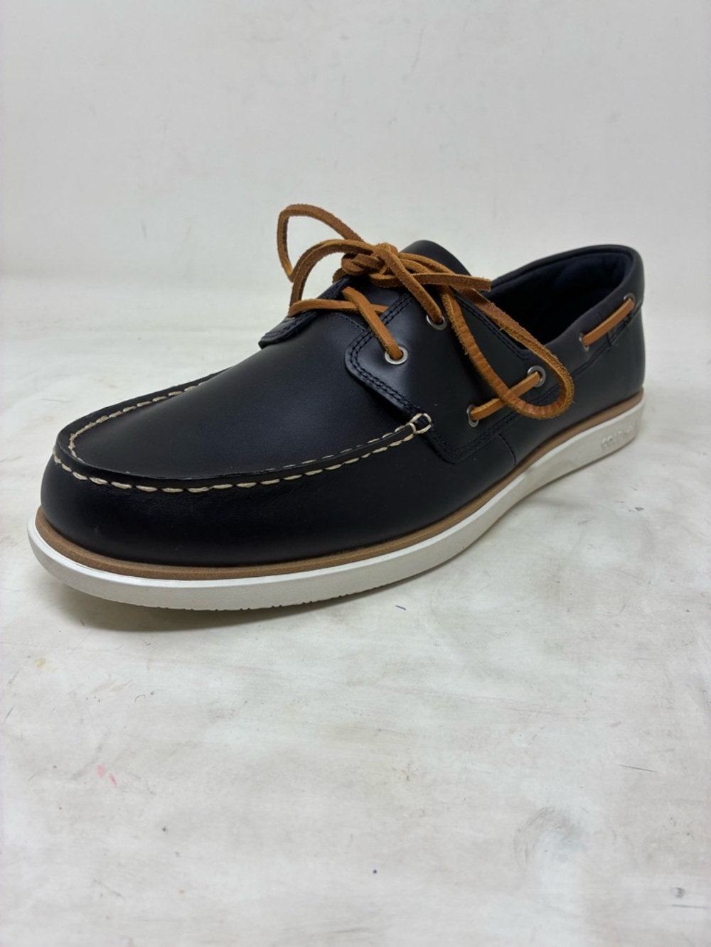 New without box, Cole Haan Navy Leather Boat Shoes with Tan Leather Laces 12 M